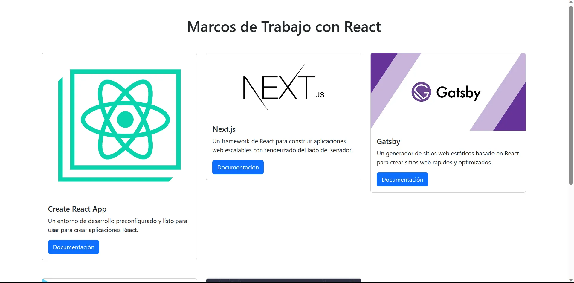 Página informativa sobre Frameworks de React